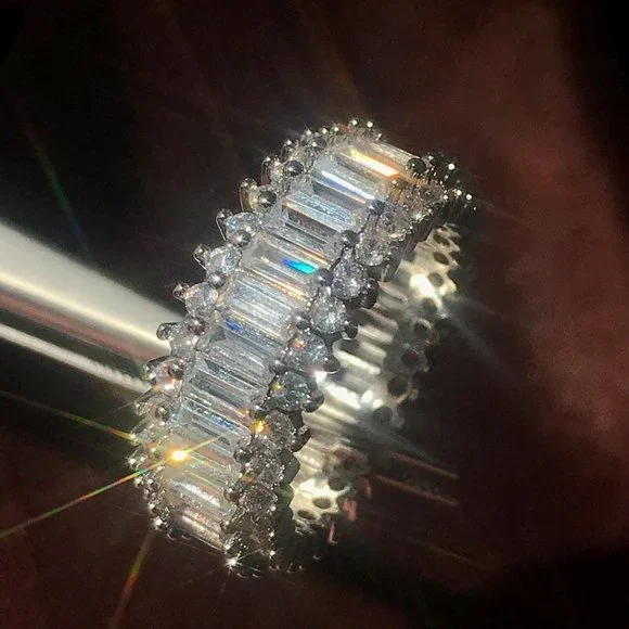 NEW SILVER BAGUETTE ROUND DIAMOND ETERNITY RING - Picture 2 of 5